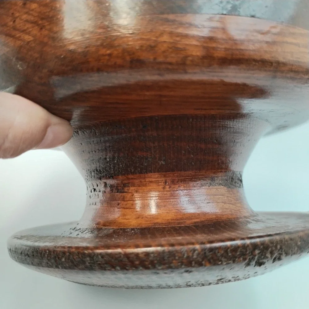 Vintage Hand Turned Wood Lidded Pedestal Bowl Artisan Signed 